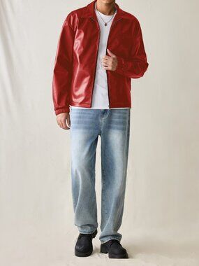 Red Casual Men's Faux Leather Collar Zip Jacket